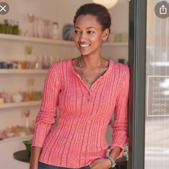 Sundance Sweaters - Sundance Echo Beauty Silk Blend Ribbed Knit Henley Sweater in Coral Pink M